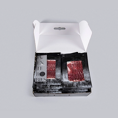 JAMBON IBÉRIQUE BELLOTA à 75 % RACE IBÉRIQUE (découpé à la machine). JAMBON IBÉRIQUE BELLOTA à 75 % RACE IBÉRIQUE (découpé à la machine).