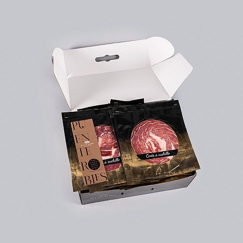 JAMBON IBÉRIQUE NOURRI AU GLAND, 50 % RACE IBÉRIQUE (coupé au couteau) JAMBON IBÉRIQUE NOURRI AU GLAND, 50 % RACE IBÉRIQUE (coupé au couteau)