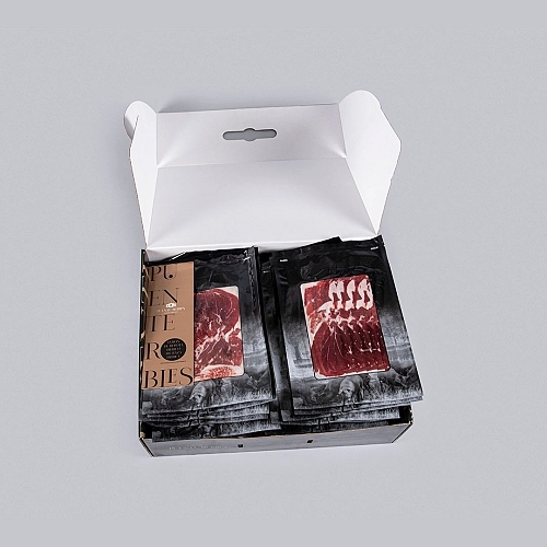 JAMBON IBÉRIQUE NOURRI AU GLAND, 50 % RACE IBÉRIQUE (découpé à la machine) JAMBON IBÉRIQUE NOURRI AU GLAND, 50 % RACE IBÉRIQUE (découpé à la machine)